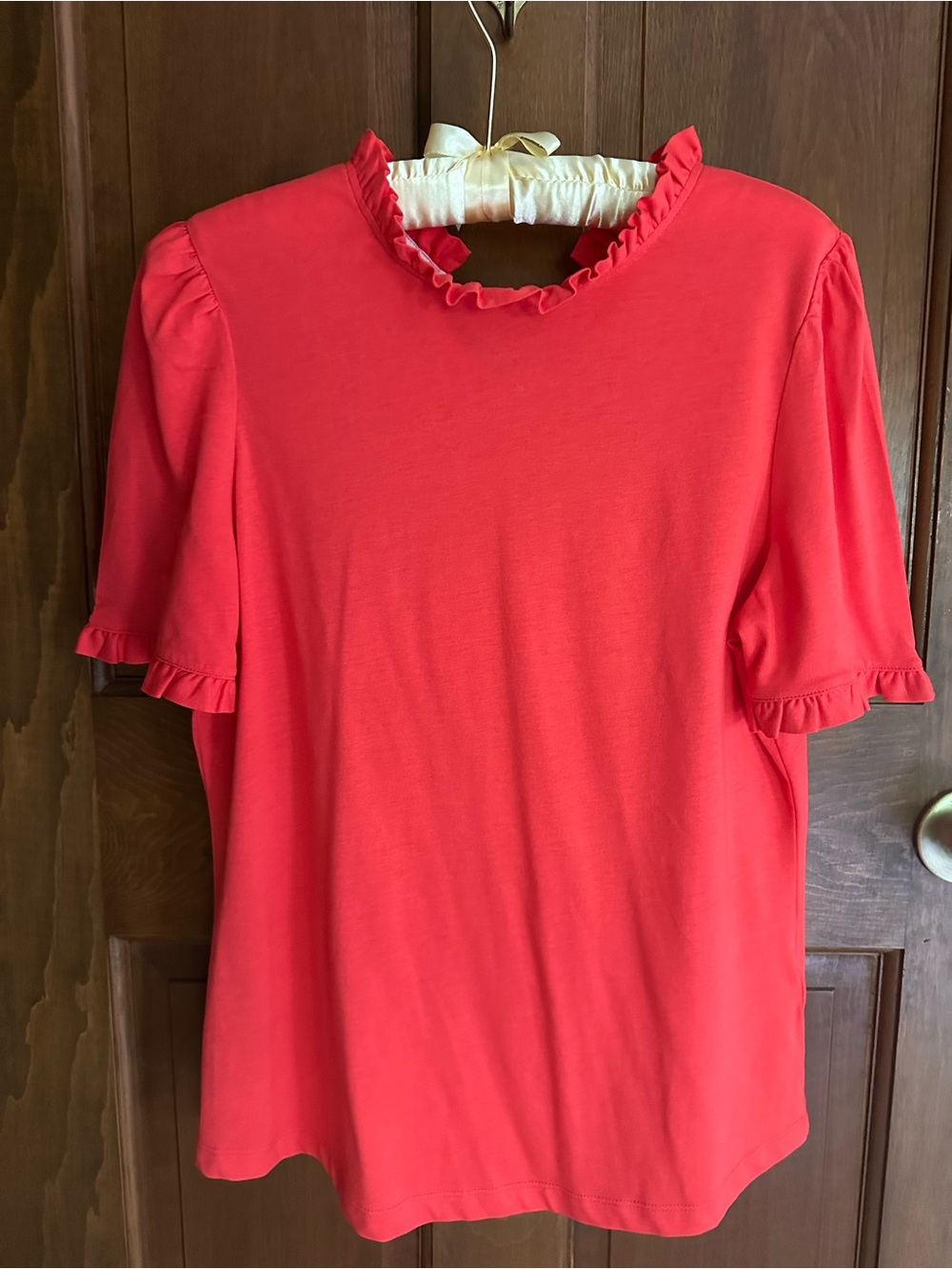 Boden Warm Red Ruffle Neck Short Sleeve Tee